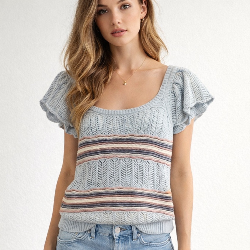 NWT BiBi Stripped Knit Too Flutter‎ Sleeves baby Blue Women’s XL